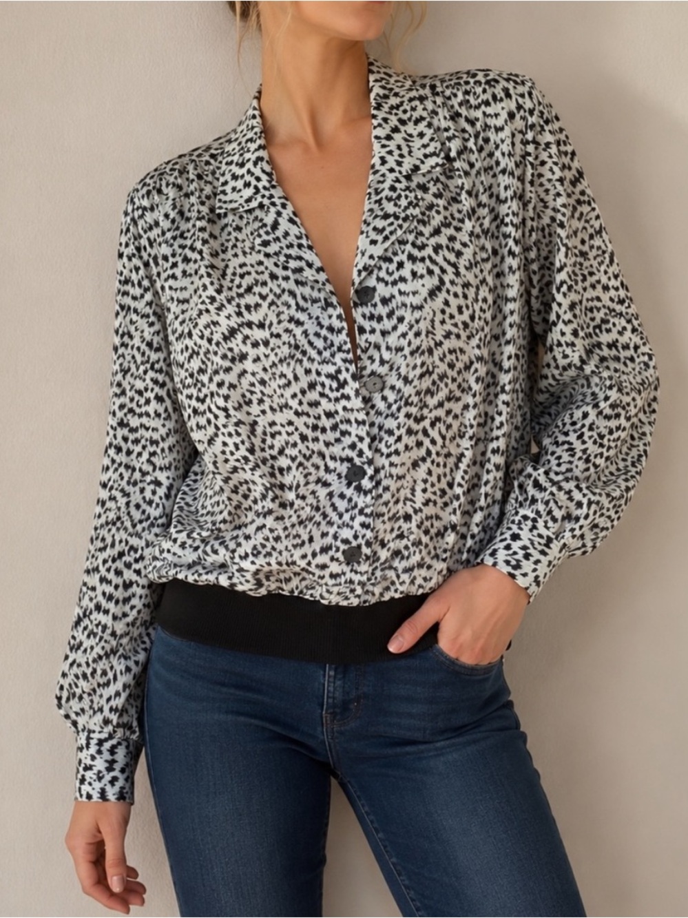 Vintage Joanne Black White Animal Print Silky Blouse Size Medium